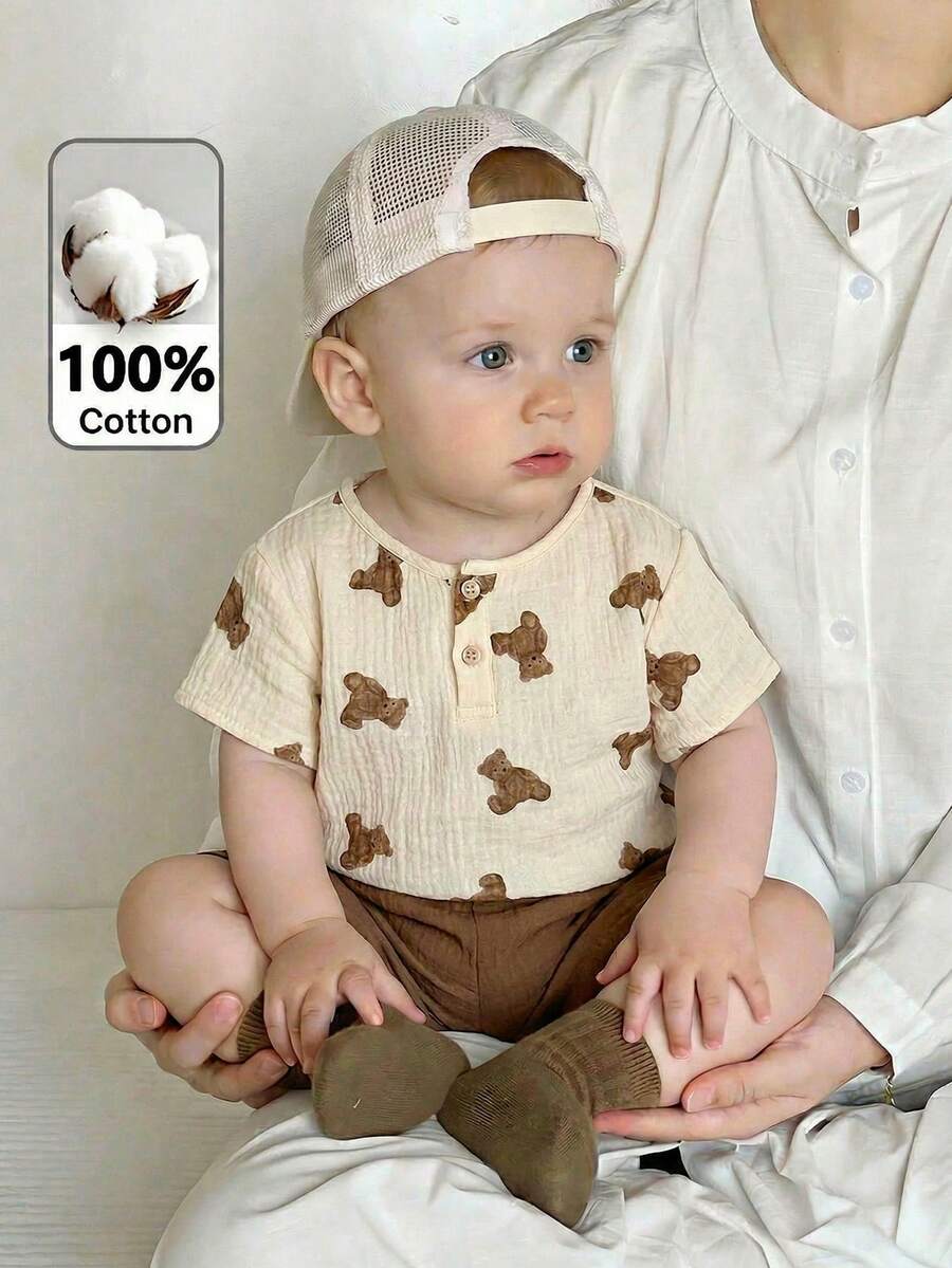 LMoss Kids Bộ 2 món cho bé trai gồm áo thun ngắn tay và quần short kaki lưng thun in hình gấu hoạt hình dễ thương, thích hợp cho mùa hè. - Nhiều màu - Xem 1