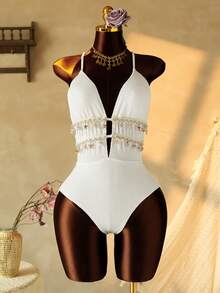 Swim Vcay 1pc Women's Solid Color Spaghetti Strap Criss-Cross Back Shell Chain One-Piece Swimsuit - White - View 1