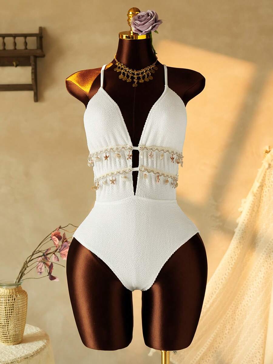 Swim Vcay 1pc Women's Solid Color Spaghetti Strap Criss-Cross Back Shell Chain One-Piece Swimsuit - White - View 1