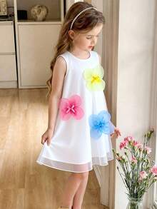 Glamorique Kids 女童（小号）白色无袖网纱大花朵蝴蝶结连衣裙，儿童时尚飘逸网纱公主裙，夏季派对场合迷你礼服 - 白色 - 查看 6