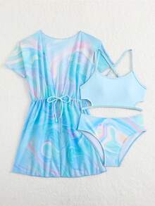 SHEIN 少女三件套比基尼，波浪印花，包含三角泳裤、镂空上衣和抽绳罩衫，适合游泳、度假和夏季穿着。 - 藍色 - 查看 5