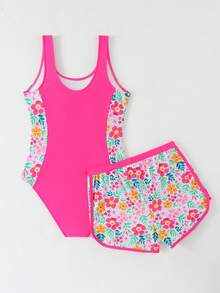 SHEIN Setelan Baju Renang Terusan dan Celana Pendek Motif Bunga Kecil Warna Pink untuk Remaja Perempuan, Baju Renang Liburan Pantai Musim Panas, 2 Potong - Berwarna merah muda - View 2