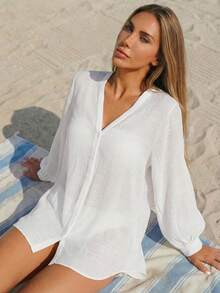 EMERY ROSE 素色前紐扣和服罩衫 - 白色 - 查看 1