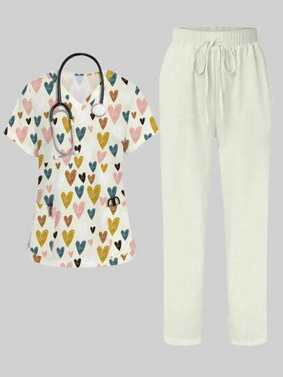PopScrub Conjunto de uniforme de enfermera con parte superior de manga corta con cuello en V y bolsillo con estampado de corazones de colores, y pantalones casuales, color albaricoque claro, conjunto de ropa de trabajo de moda