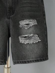 Conjunto de chaleco vaquero con capucha y pantalones cortos desgastados estilo cargo lavado para niño preadolescente - Negro - Ver 4