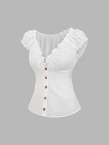 Sweetra French Retro Vertical Stripe Textured Ruffle Splice Wooden Button Puff Sleeve Women's Short Sleeve Blouse, Suitable For Spring/Summer Casual And Dating - White - View 3