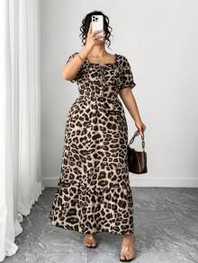 SHEIN CURVE+ 大码女式方领蝴蝶结豹纹交叉露背系带长裙 - 棕色 - 查看 6