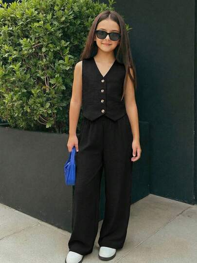 Firerie Kids Firerie Kids Pantalones rectos de pierna ancha con estampado de rayas tejido, estilo casual y elegante para niñas preadolescentes, color gris oscuro