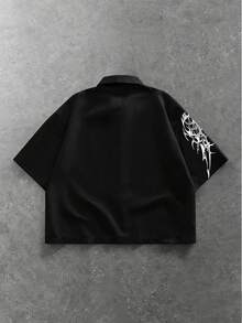 ROMWE MEN 男士标语十字印花短袖单排扣休闲衬衫 - 黑色 - 查看 2