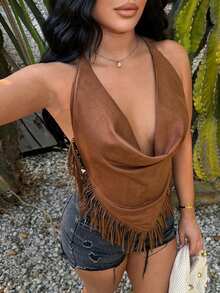 SHEIN SXY Áo hở lưng cổ yếm bằng da lộn kiểu BOHO miền Tây với tua rua - Cà phê nâu - Xem 1