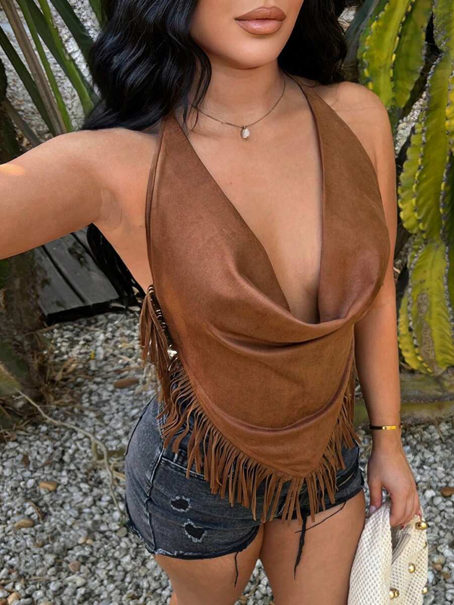 SHEIN SXY Áo hở lưng cổ yếm bằng da lộn kiểu BOHO miền Tây với tua rua - Cà phê nâu - Xem 1