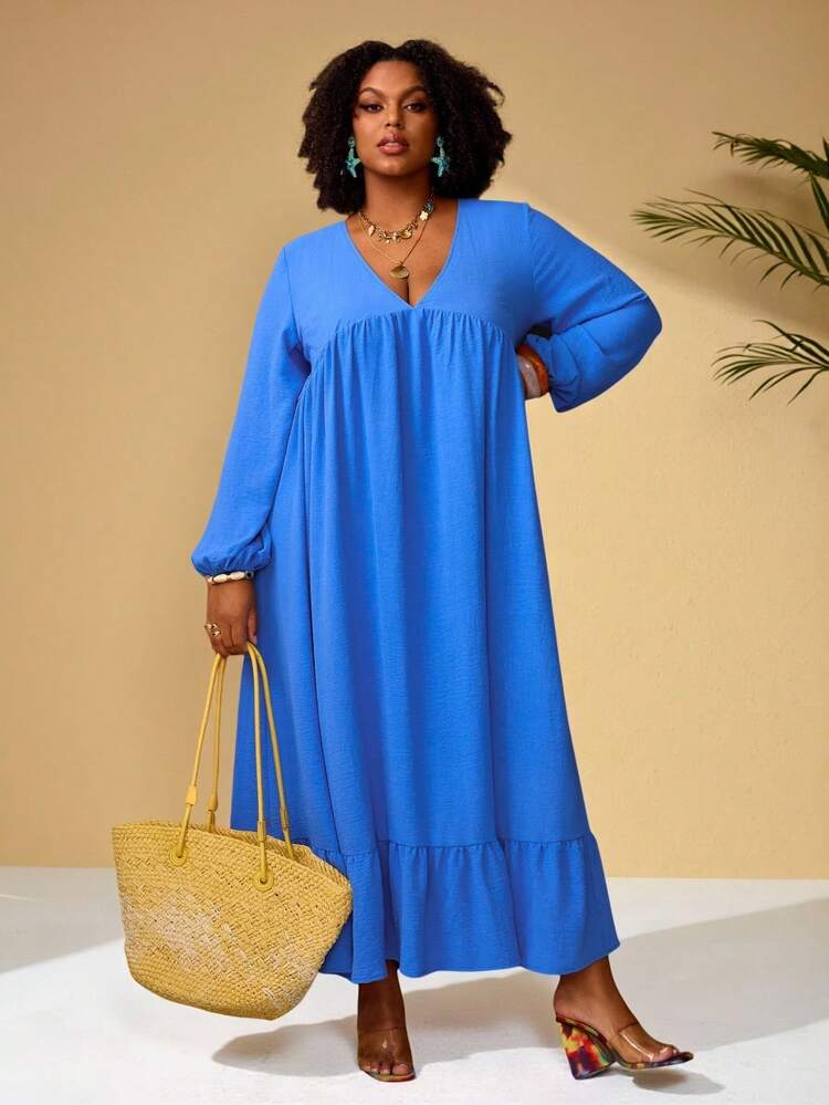 Plus Size Women's Summer  Casual Vacation V-Neck Long Lantern Sleeve Loose Dress, Casual & Vacation Style, Early Spring,Spring Break Outfits ,Vacation Outfits Women ,Holiday Outfits For Women,Spring Dress Women,Going Out Outfits,2026 New Clothes,Simple And Fashionable For Everyday Wear, Plus Size Blue Dress, Plus Size Boho Dress, Casual Dresses Plus Size, Viscose Dress Plus Size, Plus Size Vacation Dress