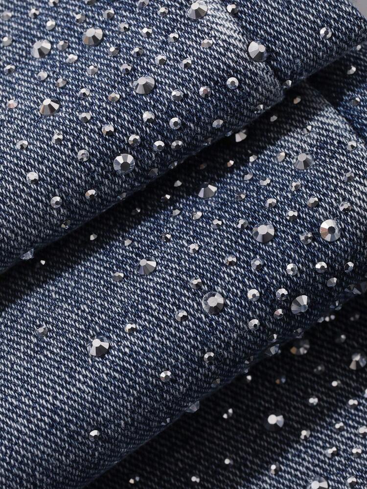 Distressed Washed Rhinestone Decor Casual Vacation Wide Leg Jeans For Women