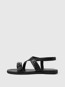 Sleekvia Giày nữ mùa hè mới, mũi vuông, đế bằng, màu đen, có khóa cài, sandal đế bằng cho nữ, đa năng, đơn giản, thoải mái để đi làm hàng ngày. - màu đen - Xem 5