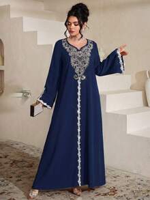 Al Najma Đầm maxi dài tay xẻ tà, dáng rộng, sang trọng, thêu và đính cườm, phong cách truyền thống Thổ Nhĩ Kỳ và Ả Rập. - Xanh đậm - Xem 7