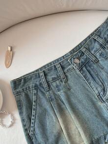 Elamini 女士休闲水洗牛仔短裤，斜插口袋，夏季 - 淺色水洗藍 - 查看 4