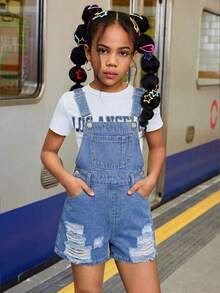 SHEIN Peto vaquero sin camiseta con bolsillos en ángulo y lavado claro, estilo boho playero para niñas preadolescentes. Conjunto informal de verano para conciertos, fiestas y uso diario, ideal para graduaciones. - Azul lavado medio - Ver 6