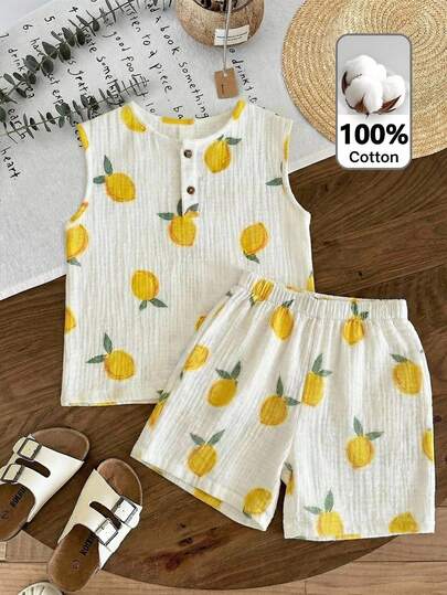 LMoss Kids 2pcs/Set Young Boy Knitted Lemon Pattern Vest & Shorts Set, Casual & Cute, Summer Two Piece Set For Kids, Two Piece Cute Set Kids