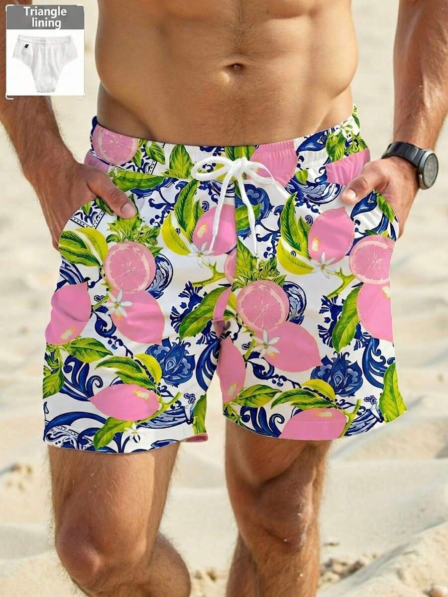 Manfinity RSRT Men's Fruit Print Drawstring Waist Beach Shorts, Mesh Lining - Multicolor - View 1