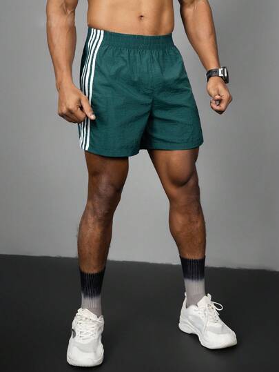 Acti Log 男士撞色条纹休闲运动短裤 男士健身短裤 蓝绿色短裤 运动短裤 男士短裤 健身短裤 条纹短裤 耐穿绿色条纹短款运动短裤 男士带口袋运动短裤