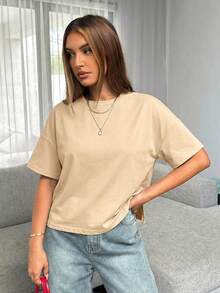 Siren Gaze Kaos Wanita Minimalis Serbaguna Warna Polos Leher Bulat Bahu Longgar Musim Panas, Atasan Musim Panas - Aprikot - View 4