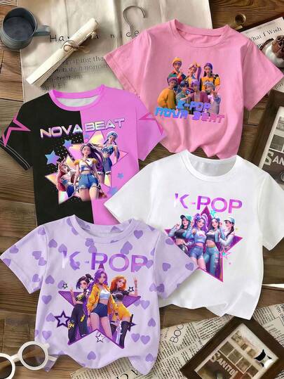 4 piezas Camisetas básicas de manga corta y cuello redondo para niñas y adolescentes, con estampados de grupos de chicas K-POP, en colores negro, blanco, morado y rosa, adecuadas para primavera/verano, vuelta al colegio, uso casual, campus, exterior y streetwear