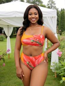 Slaydiva Plus Size Women Summer Beach Floral Print Casual Bikini And Triangle Panty Swimwear Set With Skirt - Orange - View 5