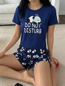 Minimalist Navy Blue Casual Vacation Pajama Set, Panda Print Crew Neck Top And Shorts 2 Pieces Loungewear Set - Violet Purple - View 1