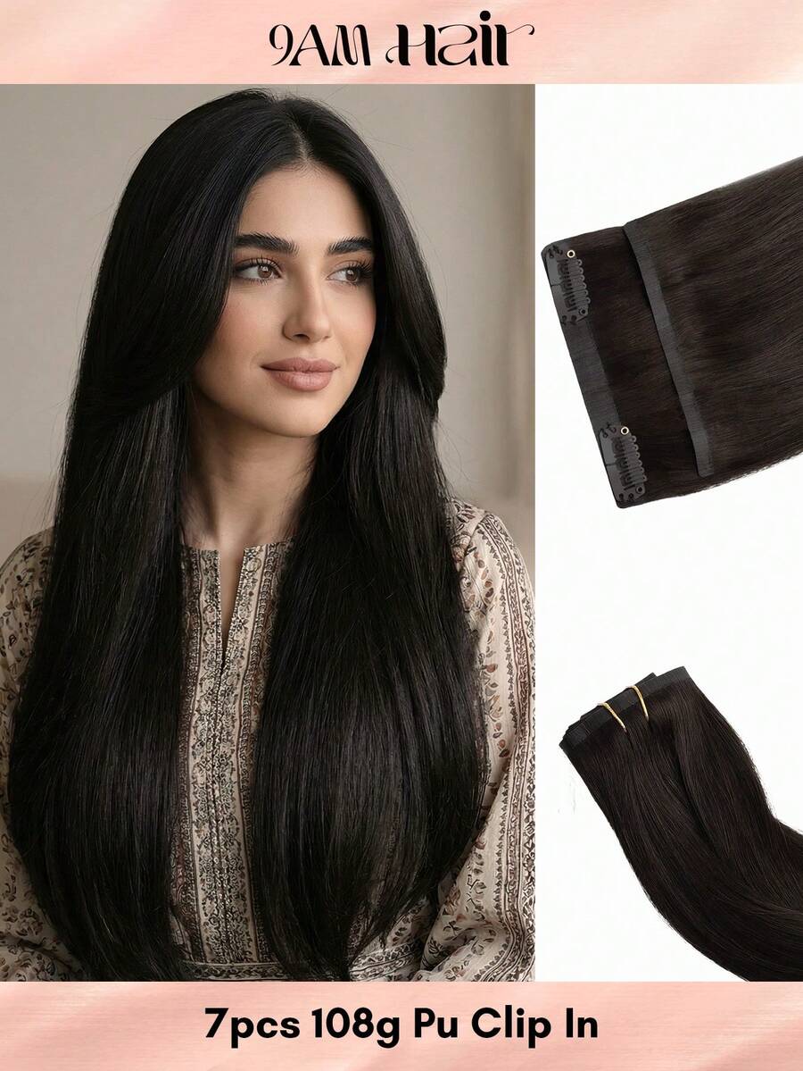 Seamless Clip Ins Extensiones de cabello humano 100% real, 7 piezas, extensiones de cabello humano con clips sin costuras de PU, cabello liso de 14-22 pulgadas, color marrón oscuro, extensiones de cabello Remy con clips, 110G - S2 - Ver 1