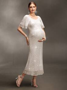 Cheriluna Maternity 孕妇写真礼服，荷叶边袖，心形领，收腰设计，鱼尾裙摆，亮片装饰长裙 - 銀色 - 查看 1