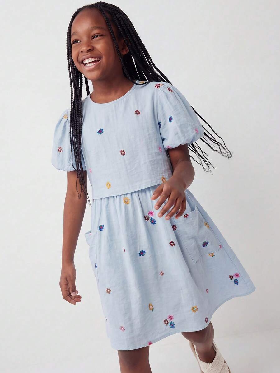Maija Kids Maija Kids Bộ 2 váy chữ A tay phồng thêu hoa màu xanh dương, có túi, dành cho bé gái tuổi teen, thích hợp cho các hoạt động thường ngày, du lịch, tụ họp, lễ hội, mùa hè và mùa xuân. - Màu xanh lam - Xem 1