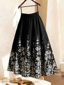 GlowEve CURVE Plus Size Woven Digital Floral Elastic Waist A-Line Skirt, Suitable For Vacation, Elegant, Outdoor, Daily, Minimalist, Casual, Spring/Summer Skirt Midi - Black - View 2