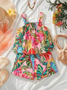 SHEIN Playful Pals 2件套婴儿/男女通用0-3岁休闲热带印花吊带背心和短裤套装，女婴夏季服装，女婴套装，婴儿休闲套装，适合户外、休闲、度假，3T女婴热带度假服装夏季两件套，女婴夏威夷服装，热带婴儿套装，女童夏季套装，度假服装，热带女童夏季假日服装 - 彩色 - 查看 10