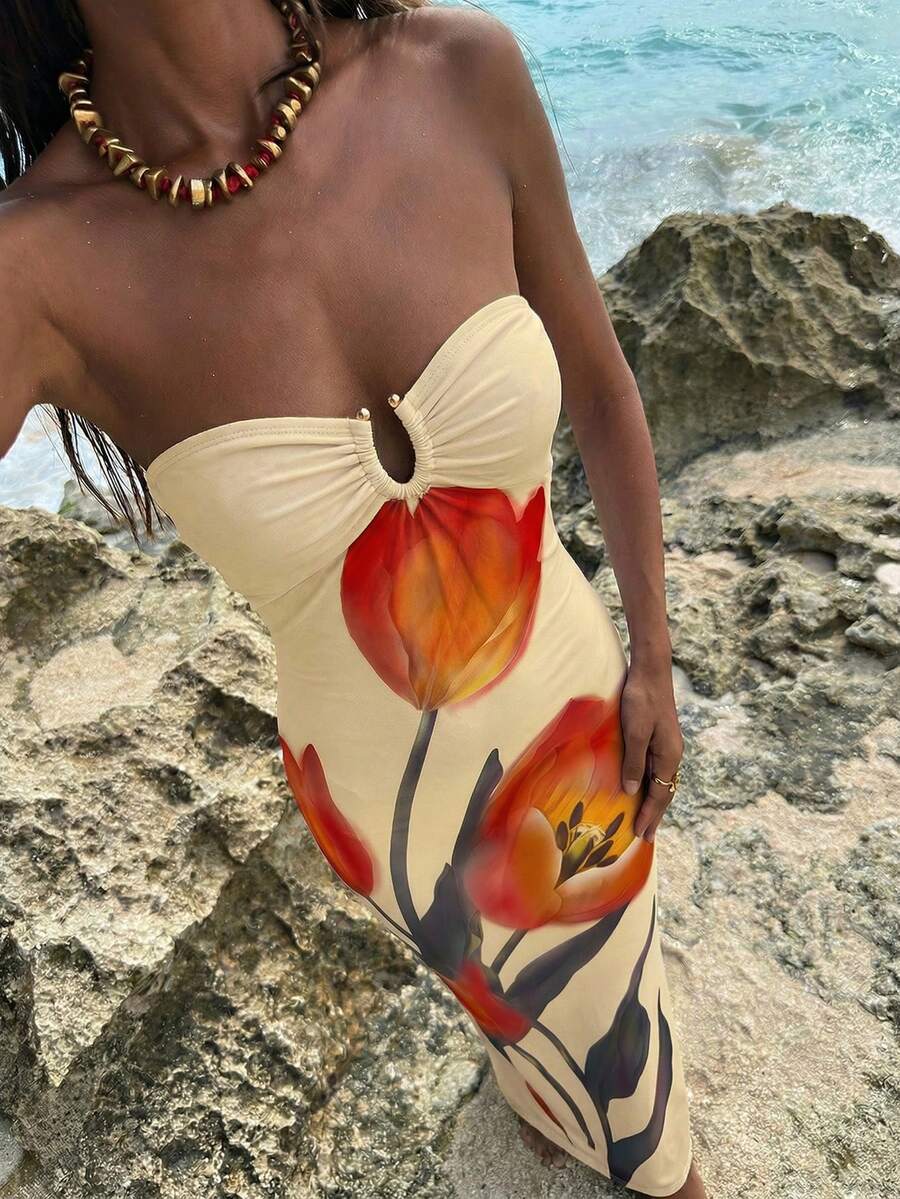 Opulessa 女士针织网眼印花修身连衣裙 - 淡黃色 - 查看 1