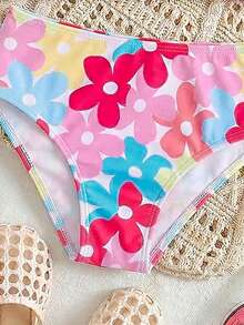 Souflis Souflis Set Bikini Anak Perempuan Motif Bunga dengan Tali Bahu Tipis dan Hiasan Pita - MultiWarna - View 3