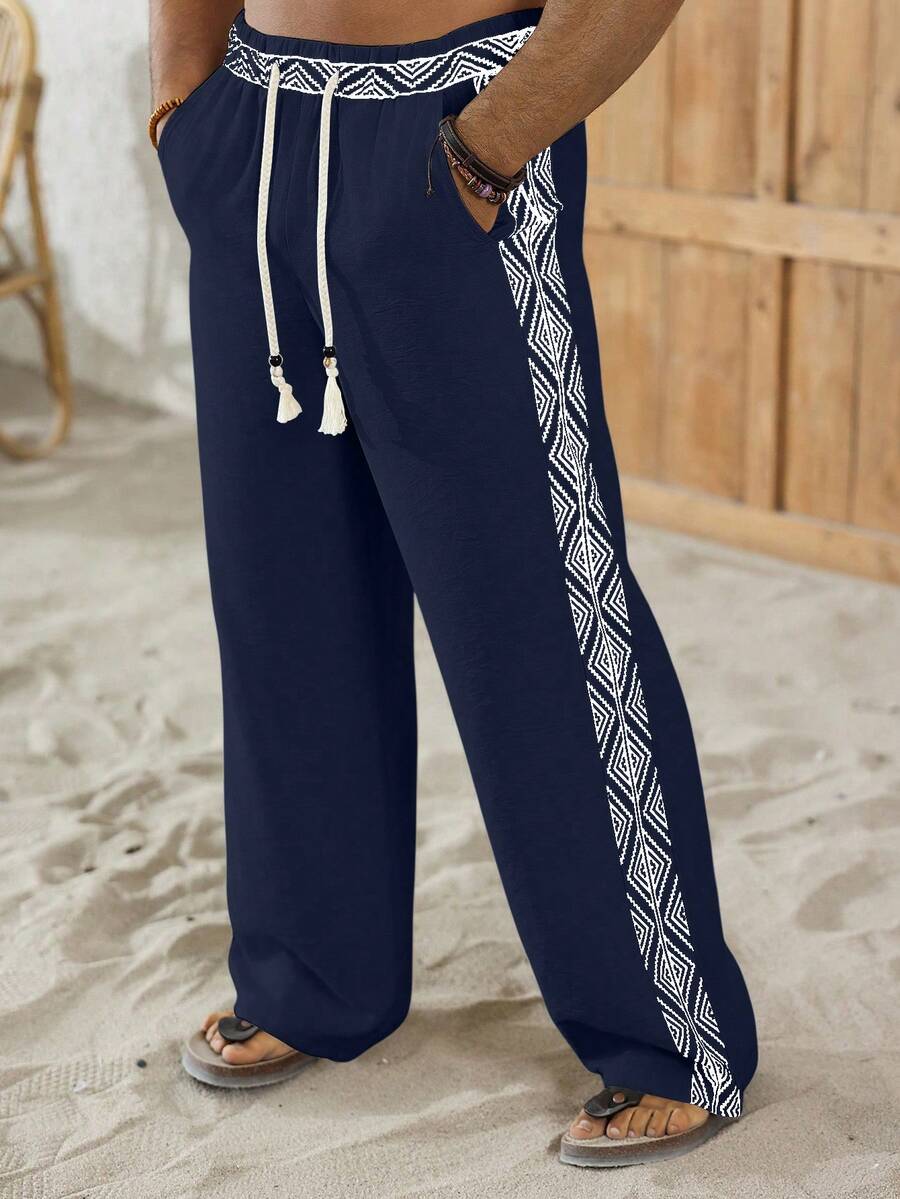 VENTUSAIL Men's Retro Print Casual Pants - Navy Blue - View 1