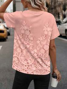 EMERY ROSE 女士仿花卉印花圆领短袖T恤，舒适休闲，适合日常穿着 - 彩色 - 查看 2