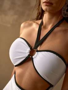 MOTF PREMIUM CONTRAST BINDING O-RING CUTOUT FRONT HALTER ONE-PIECE SWIMSUIT - White - View 2