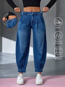 Flexra Women's Pleated Waist Belt Loop Casual Loose Fit Jeans Summer - Medium Wash - View 1