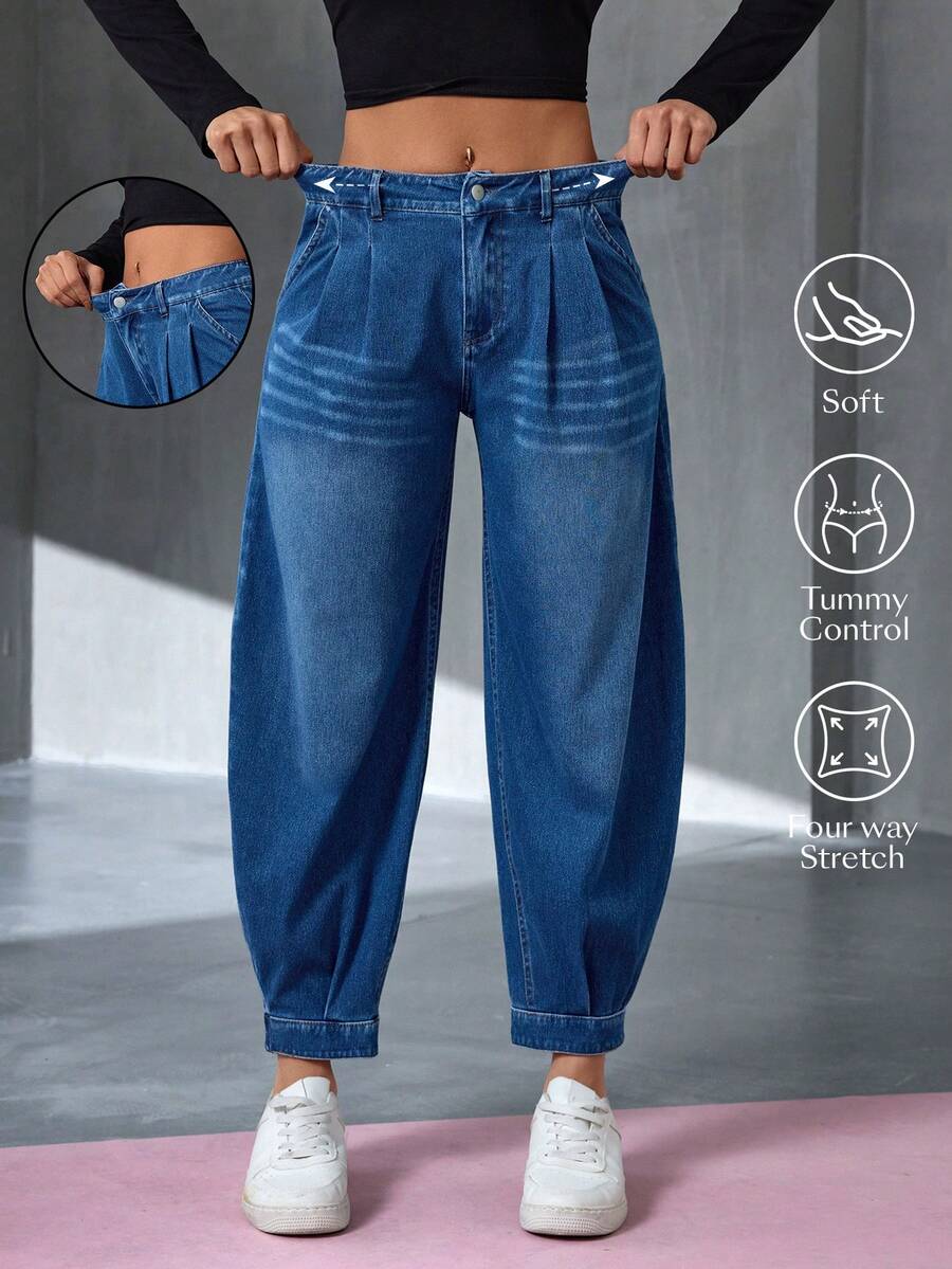 Flexra Women's Pleated Waist Belt Loop Casual Loose Fit Jeans Summer - Medium Wash - View 1