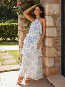 KARISMINA 女士春夏时尚休闲优雅日常浪漫度假柔软多层印花露背蓝色连衣裙，婚礼宾客礼服 - 藍白色 - 查看 3