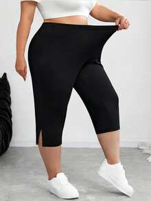 SHEIN CURVE+ 女士纯色休闲修身开衩七分裤，适合运动、商务休闲、外出等场合，风格复古，也适合教师穿着，七分裤款式多样，是夏季女士的理想选择。 - 黑色 - 查看 8