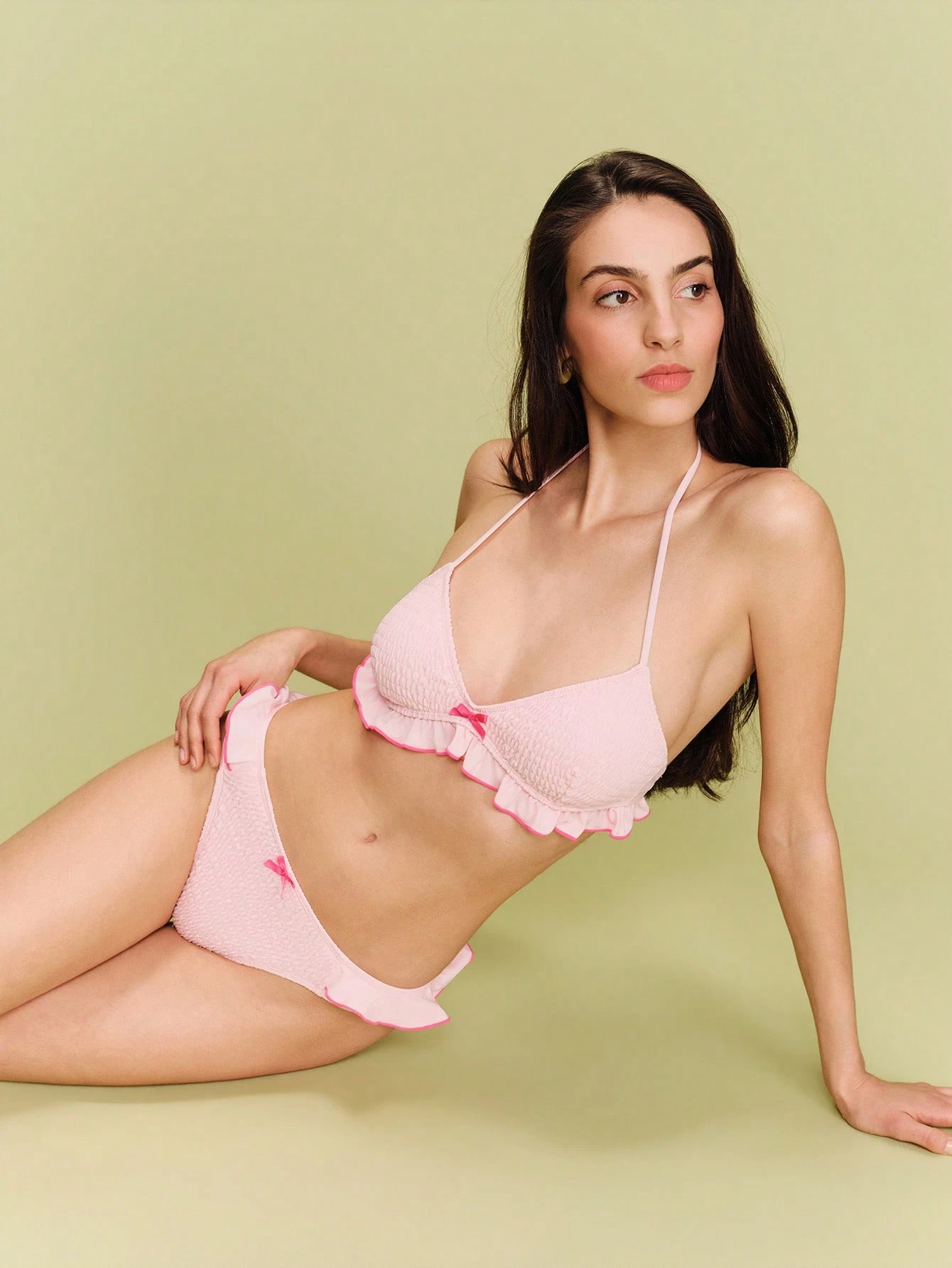 Pink Ruffled Bikini Set With Contrasting Detail And Smocked Finish Cute 2 Pieces Swimwear Pink Holiday Swimsuit Spring Summer French Style Beachwear Parisian Style
