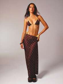 Aralina 3 Piece Shine Binding Bikini Summer Spring Swim Vacation Beach Triangle Spot Mesh Maxi Sexy Three Piece Set Chocolate - Brown - View 9