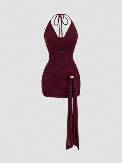 SHEIN Tall CURVE Plus Size Women's Elegant Vacation Mesh Slip Dress, Y2K Sexy Pleated Metal Buckle Dress, Suitable For Casual Daily Wear, Dates, Outings, Wedding Season, Back To School Season, Soft Sweet Waist-Cinched Dress, Women's Date Night Dress, Women's Summer Dress, Women's Honeymoon Travel Outfit, Women's Wedding Guest Dress, Island Vacation Outfit, Women's Wedding Guest Dress, Women's Sundress, Elegant Party Dress, Women's Birthday Dress