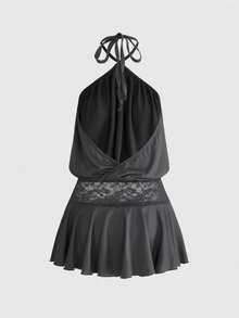 ROMWE Đầm ngắn eo thấp cổ yếm phối ren tương phản cho kỳ nghỉ hè của phụ nữ - màu đen - Xem 2