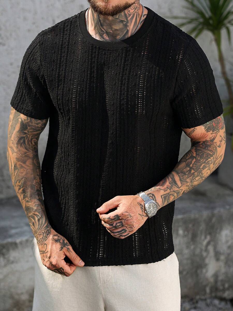 VENTUSAIL 男士透气网眼圆领短袖T恤，休闲度假、简约办公、简约商务、日常约会、居家休闲、时尚派对、聚餐等场合皆宜，自穿或送礼皆可。春秋季热门Sambo短袖T恤 - 黑色 - 查看 1