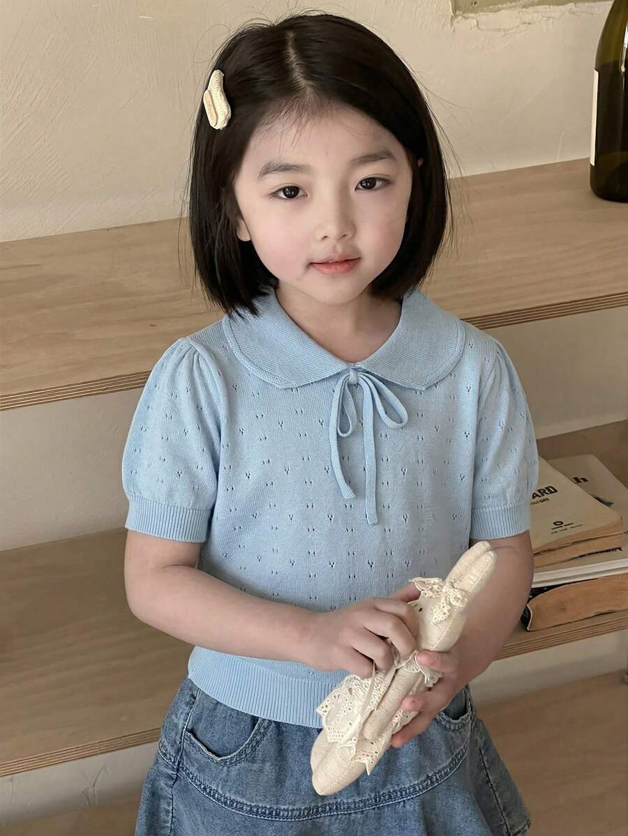 Dazy Kids Young Girl Solid Color Peter Pan Collar Short Sleeve Cute Sweater - Baby Blue - View 1