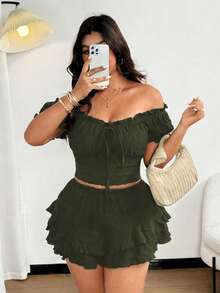 Vionelle Sexy Top mit Schulterausschnitt und Shorts Set in Große Größen, Schleifendekor, lässiger Strandurlaubs-Outfit - Armeegrün - Übersicht 5