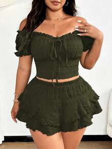 Vionelle Sexy Top mit Schulterausschnitt und Shorts Set in Große Größen, Schleifendekor, lässiger Strandurlaubs-Outfit - Armeegrün - Übersicht 7